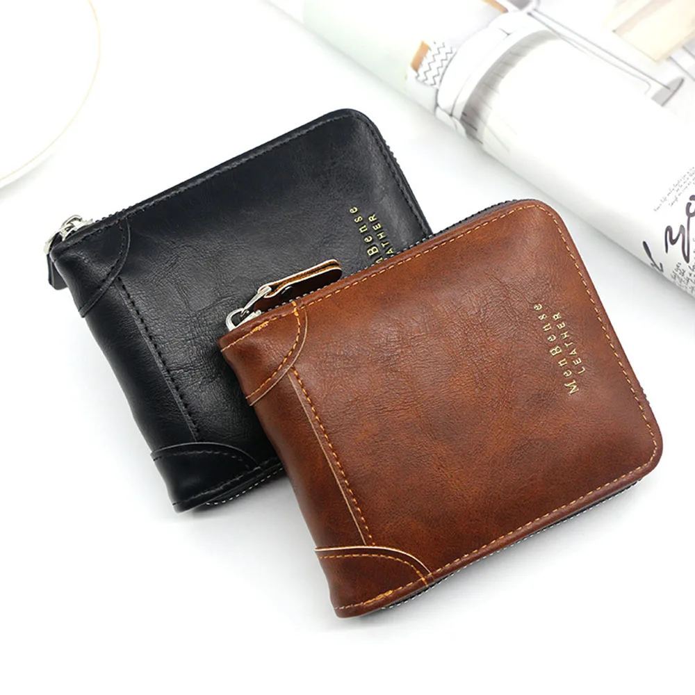 Men's wallet retro leather short zipper multifunctional wallet with large capacity high quality anti-theft brush wallet