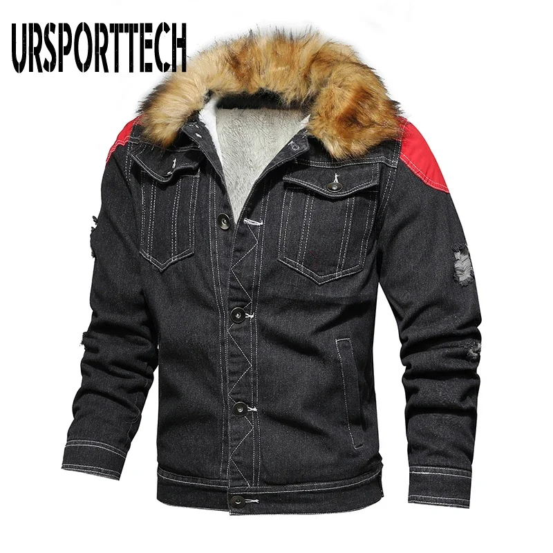 URSPORTTECH Black Winter Jean Jacket for Men Outerwear Warm Denim Coats Wool Liner Thicker Winter Men's Denim Jacket Hooded Coat