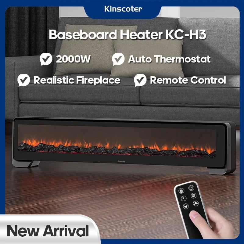KINSCOTER Baseboard Heater 2000W Simulated Fireplace Home Electric Space Convector Heater Auto Thermostatic for Living Bedroom