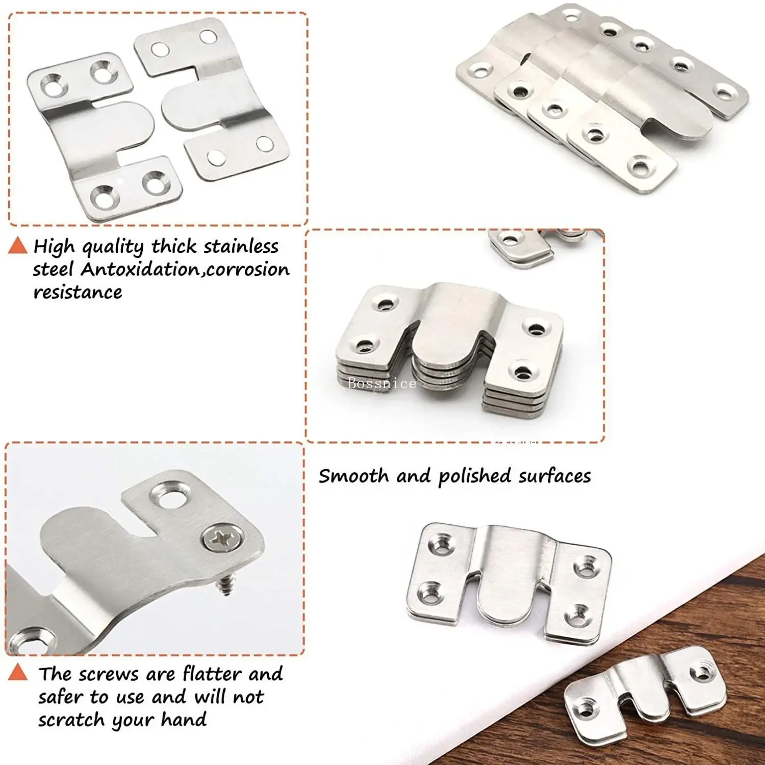 1Pair Flush Mount Brackets, Headboard Wall Fixing Brackets Wall Mount Interlocking Z Clip Hook for Pictures Mirrors Frames Hang 3
