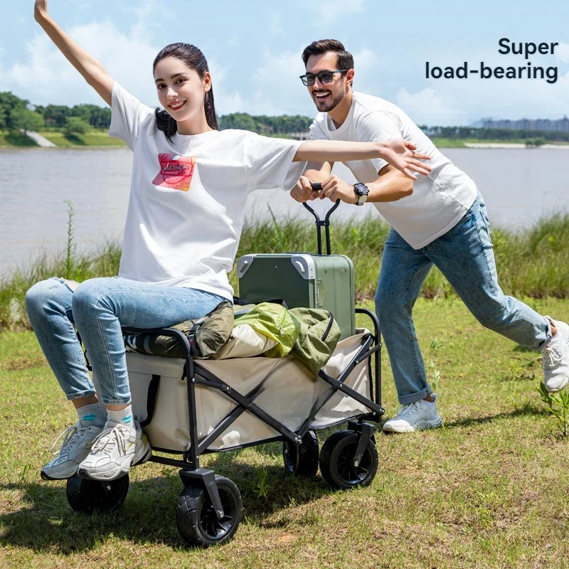 Collapsible Folding Wagon Cart with Big All-Terrain Wheels, Heavy Duty Foldable Beach Cart with Brakes, Utility Grocery