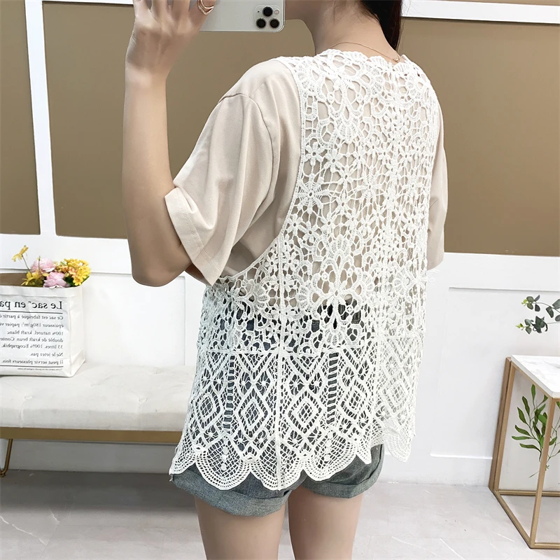 Gilets d'été en dentelle au Crochet pour femmes, Beige et blanc