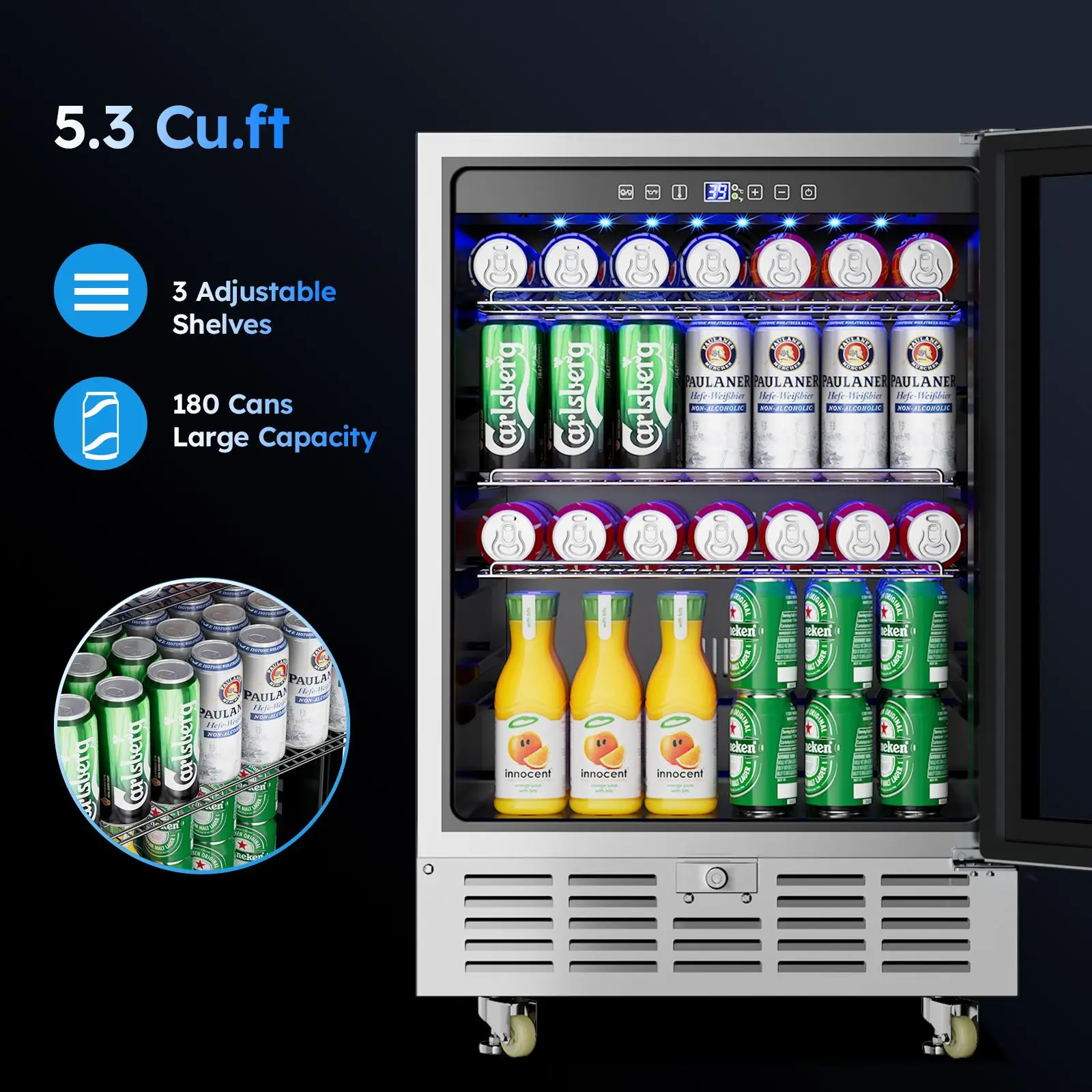 24 Inch Beverage Refrigerator 180 Cans Built-in/Freestanding Beverage Cooler, Digital Memory Under Counter Beer Fridge 2