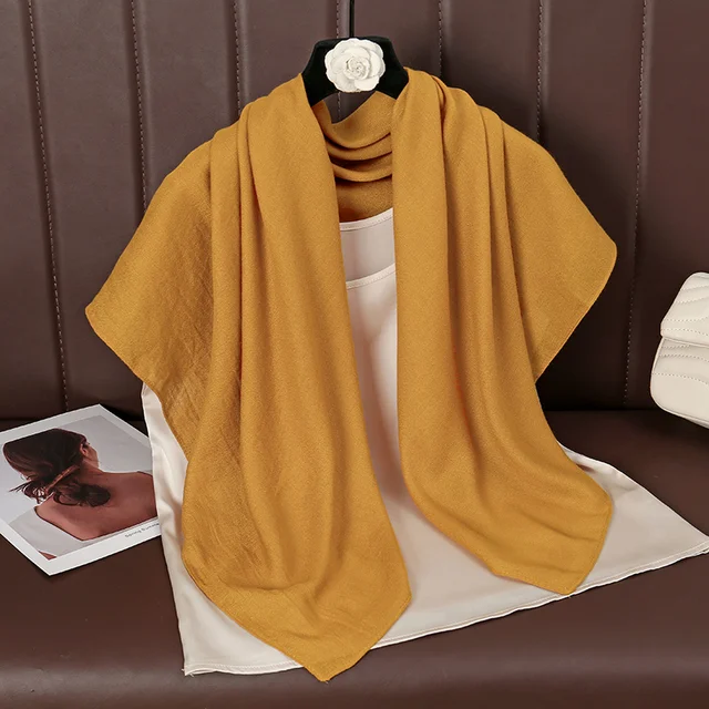 Foulard carré fin et doux pour femmes, 90x90cm, simplicité, couleur unie, foulard en coton et lin, Hijabs musulmans, accessoires de sac