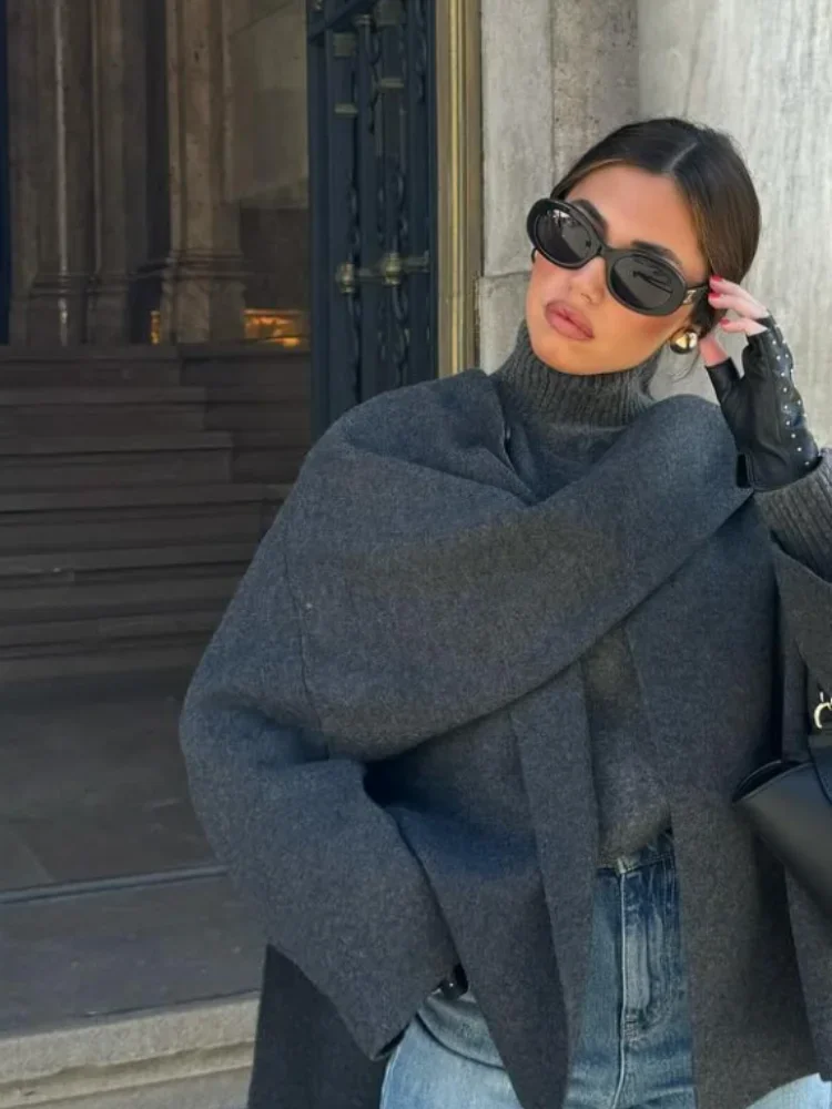 Women Fashion Scarf Decorated Woolen Jacket Casual Solid Long Sleeve Loose Warm Overcoat 2024 Autumn Winter New Lady Chic Coat 3