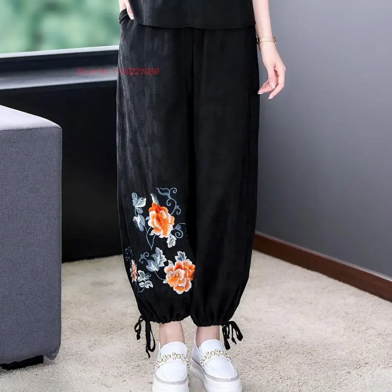 

2023 chinese vintage flower embroidered pants women traditional wide leg trousers national elastic waist cotton linen pants