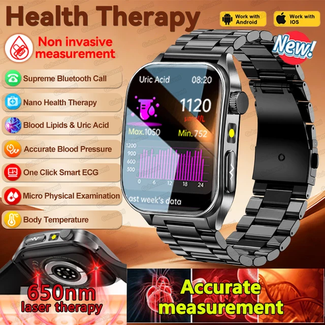 Nouvelle Montre Connectée 2026 à Traitement Laser Non-Invasif, Triple Capteur Intelligent (ECG+PPG), Diagnostic de la Graisse Sanguine et de l'Acide Urique, Montres Connectées de Santé pour Homme 1