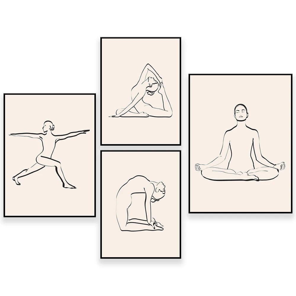 Line art drawing of mountain landscape with yoga pose prints • wall  stickers sitting, fashion, beauty | myloview.com