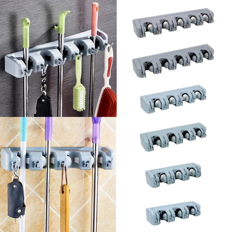 

Plastic Mop Holder Wall Mounted Broom Hook 3/4/5 Position Multi-Functional Broomstick Storage Rack Bathroom Organizer