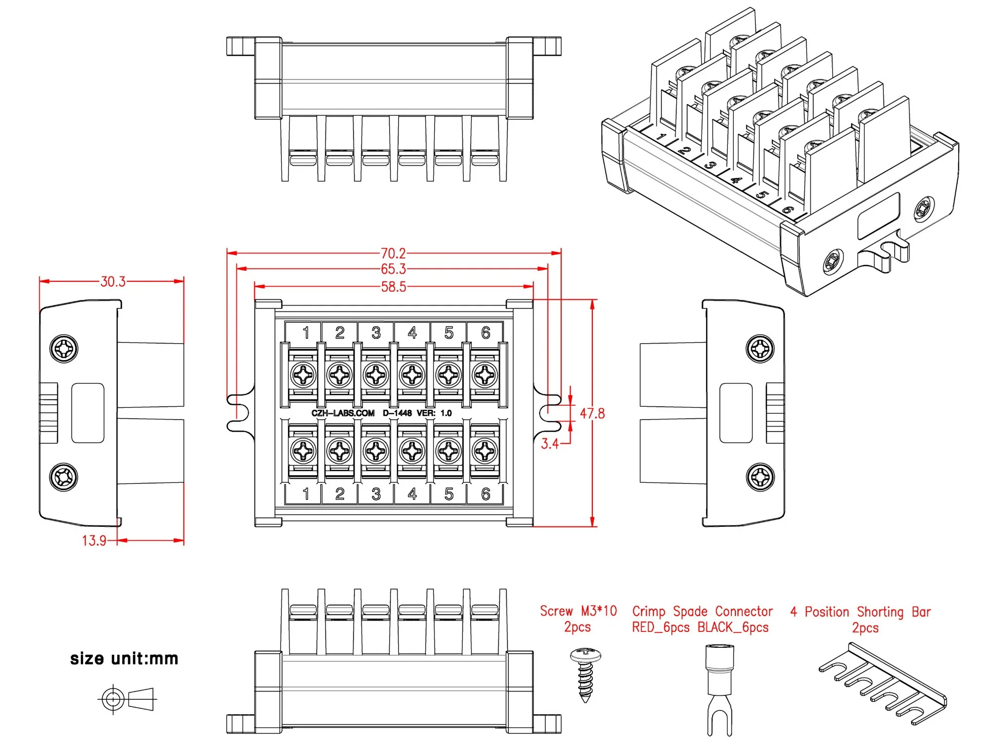20Amp 2x6 위치 배리어 터미널 블록 모듈