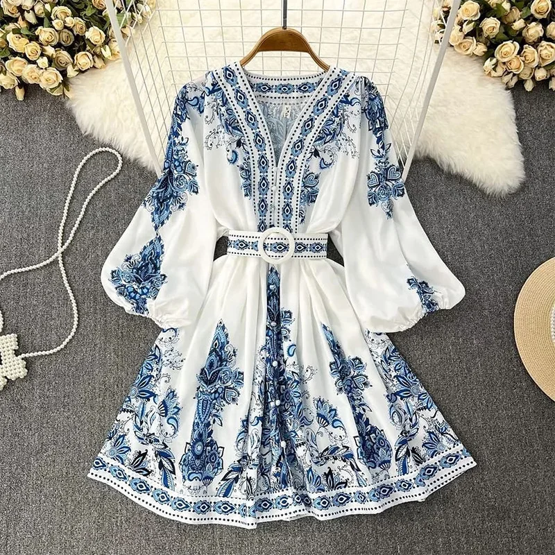 

Wepbel Floral Dress Fashion V-neck Summer Casual Long Sleeve Bohemian Printed Dress High Waist Women's Slim Fits A-line Dress