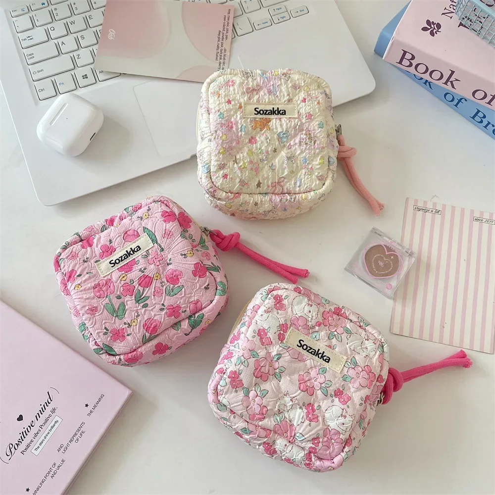 Mini Cute Square Cosmetic Bag Women Portable Earphones Lipstick Sanitary Napkins Storage Pouch Small Makeup Zipper Bags Purse