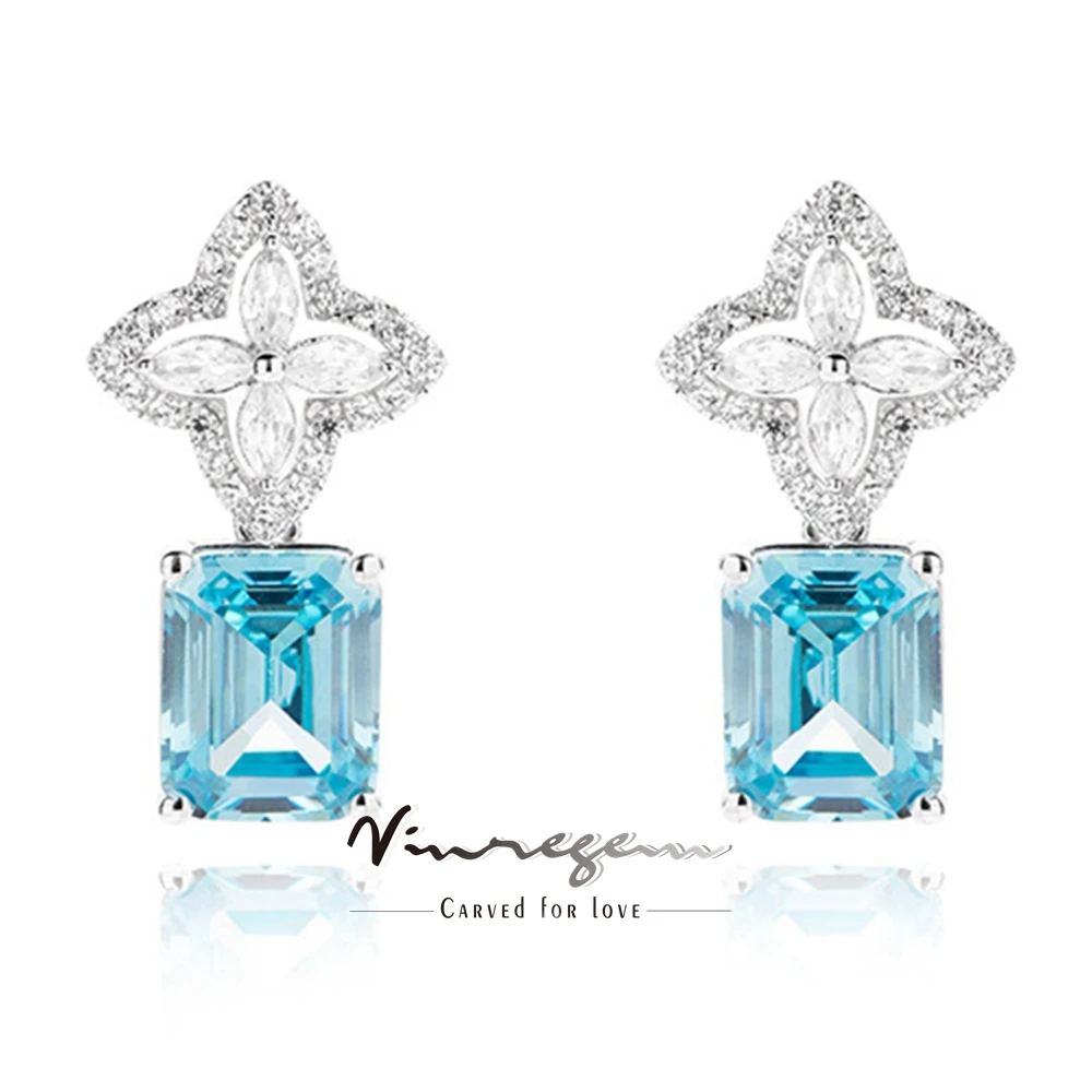 

Vinregem Sparkling Emerald Cut Aquamarine High Carbon Diamond Gemstone Drop Earrings Studs 100% 925 Sterling Silver Fine Jewelry