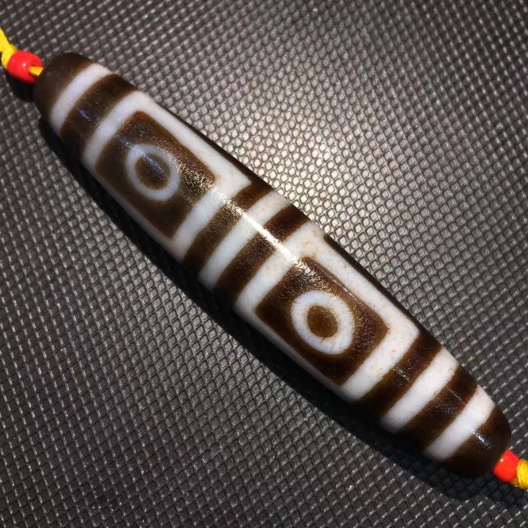 

LKbrother Talisman Treasure Energy Tibetan Old Agate Oily Patina Full Cinnabar Dots Fold Line 4 Eyed L dZi Bead 5A Top Quality