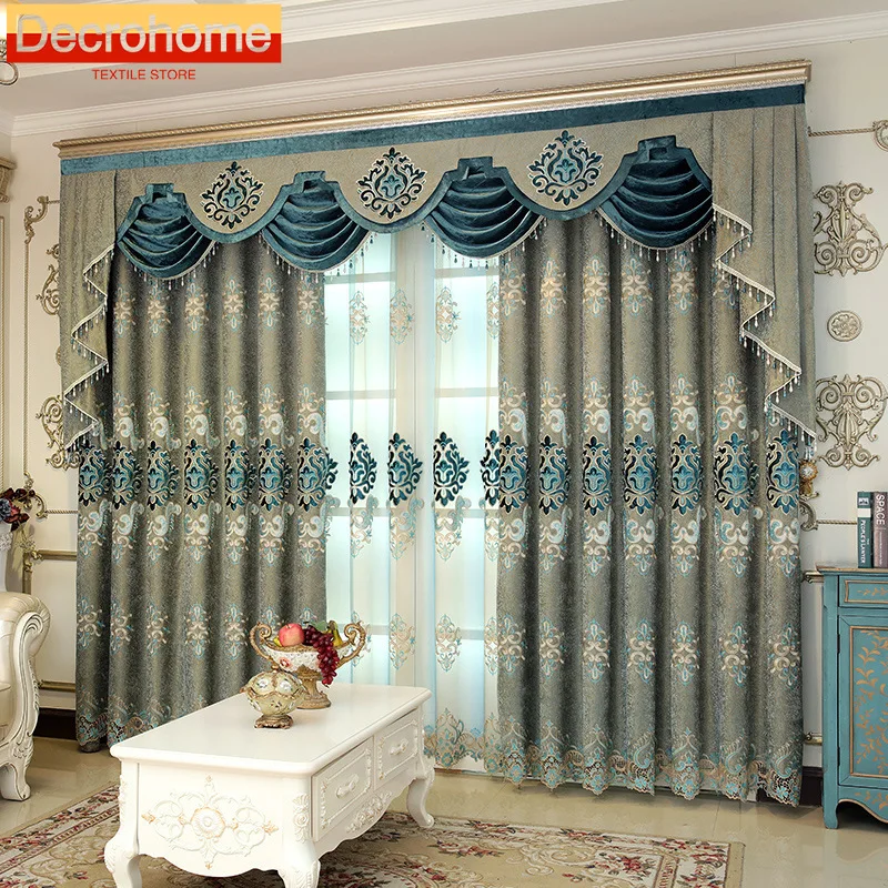 

High-end Blue-green Embroidered Window Screen Thickened Chenille Curtains for Living Room Bedroom Balcony Villa French Window