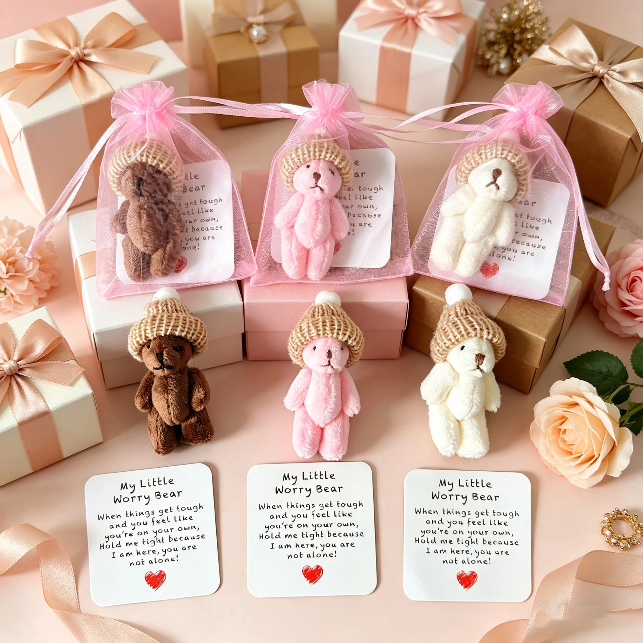 Mini Plush Bear In Carrying Bag With Inspirational Card Gift_voghion.com