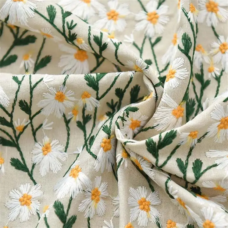 

3-Dimensional Small Daisy Floral Embroidery Cotton Fabric, Handmade DIY Bag, Tablecloth, Garment Fabric, 135cm Width