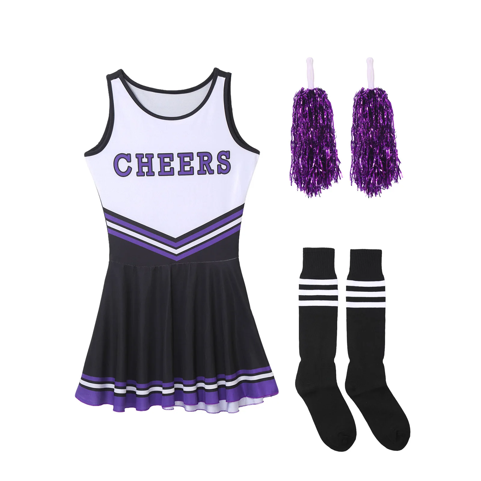 Womens Cheerleading Uniform Theme Party Schoolgirl Role Play Costume Dance Outfit Letter Print Dress with Socks Cheering Flower