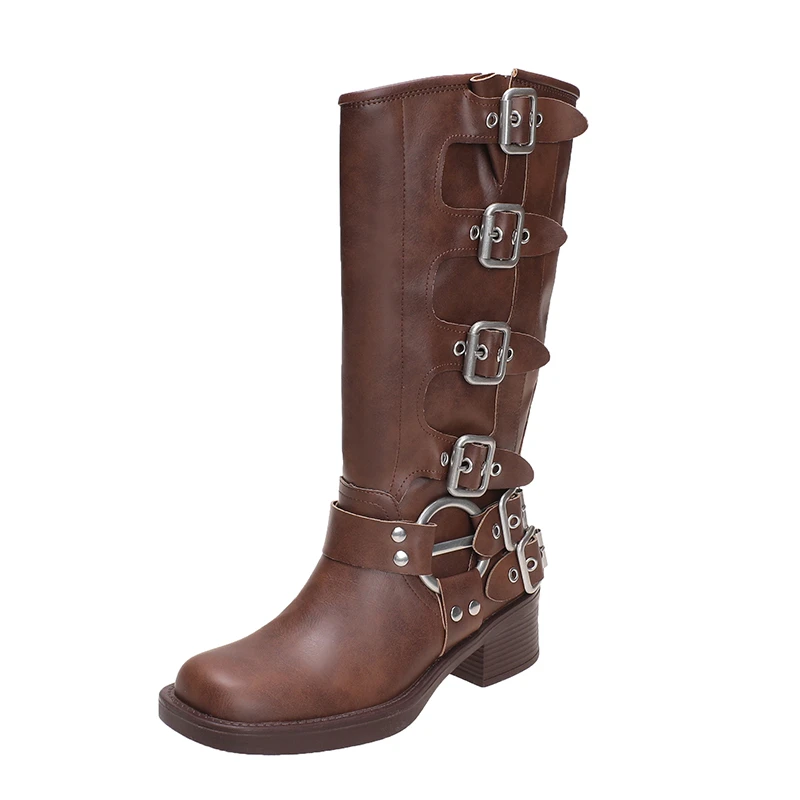 Women's Retro Brown Belt Buckle Round Head High Boots Knee Length Winter Denim Boots women knee boots