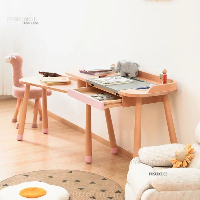 Creative Small Apartment Children's Table Nordic Solid Wood Designer Study Double Desk for School Learning Drawer Storage Tables