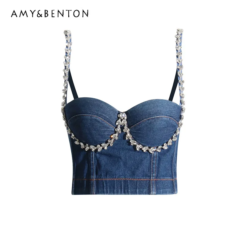 

European Style Camisoles Sexy Tube Top Beauty Back Design Diamond-Embedded Denim Sling 2023 New Hot Girl Slimming Vest For Women