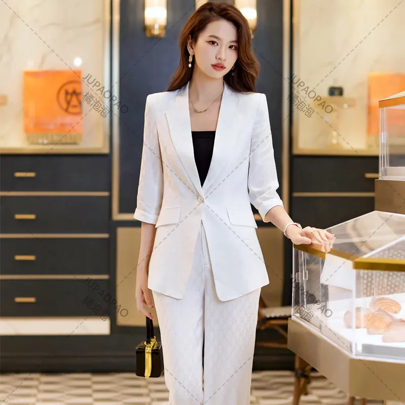 High Quality Printed Women's  Jacket  Casual Suits Fashion  2023 Summer Thin Breathable Office Ladies Blazer Pants Set