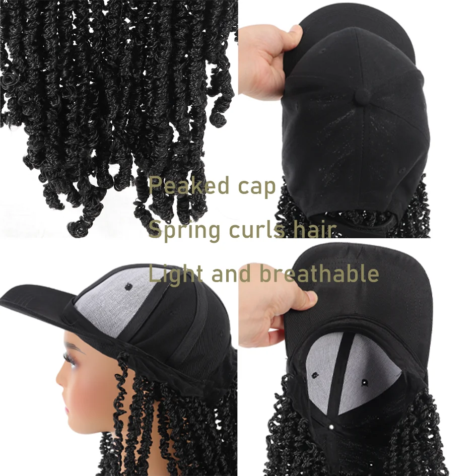 Synthetic Baseball Cap Wig with Hair Extension 12inch  Kinky Curly Wig Hat for Women Girl Adjustable Black Baseball Hat Wig