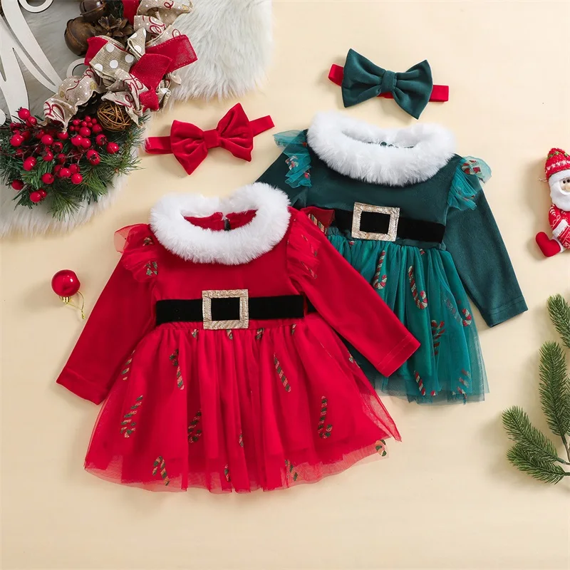 3M-3Y Baby Girls 2Piece Christmas Outfits Ruffled Long Sleeve Plush Round Neckline Tulle Dress + Bow Headband Set Infant Clothes girls dress baby girl dress