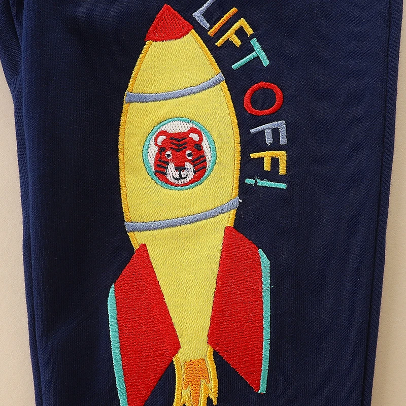 Autumn Boys' Pants 1-Piece European And American Style Knitted Cotton Cartoon Rocket Patch Embroidered Pants 2-7Y
