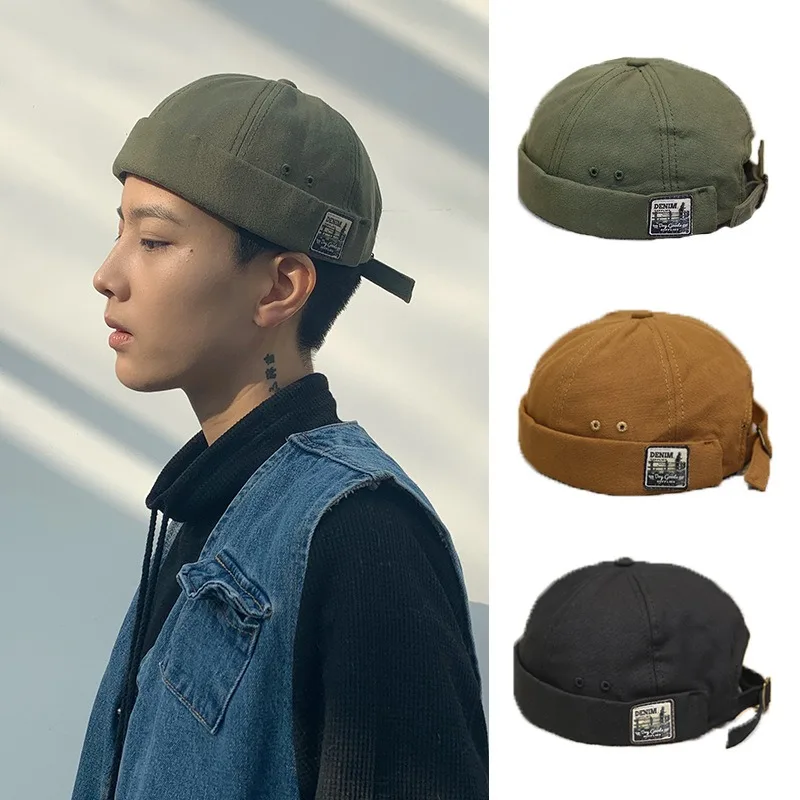 

Spring Summer Unisex Vintage Docker Cap Brimless Hat Skull Cap Retro Cotton Adjustable Solid Color Hip Hop Cap for Men Women