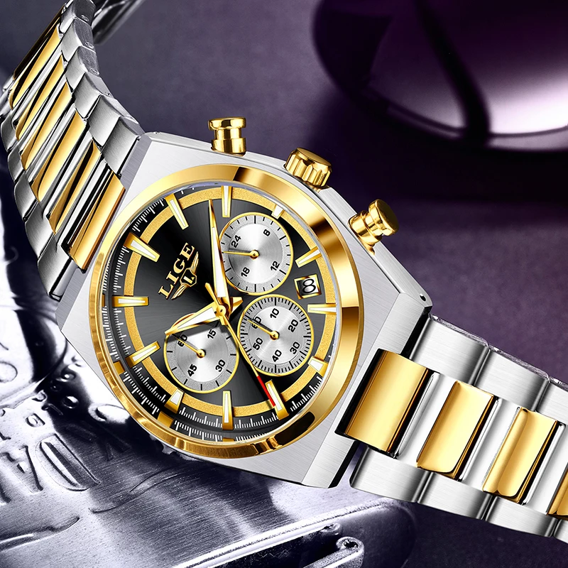 LIGE Men's Waterproof Luminous Quartz Chronograph Sport Watch with Gift Box