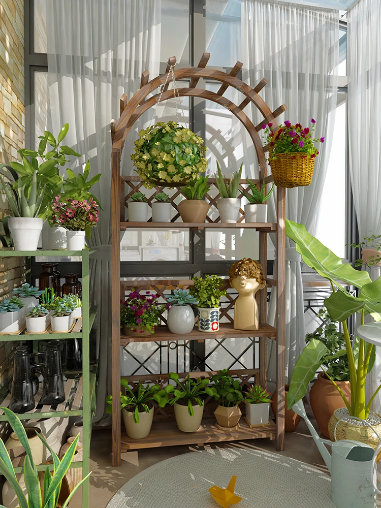 

Solid wood multi-layer flower rack, storage rack, balcony, indoor floor standing staircase, succulent rack,
