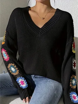 Elegant Solid Color Sweater With Embroidery Design, Unique Cuff Detail, Suitable For All Occasions 4