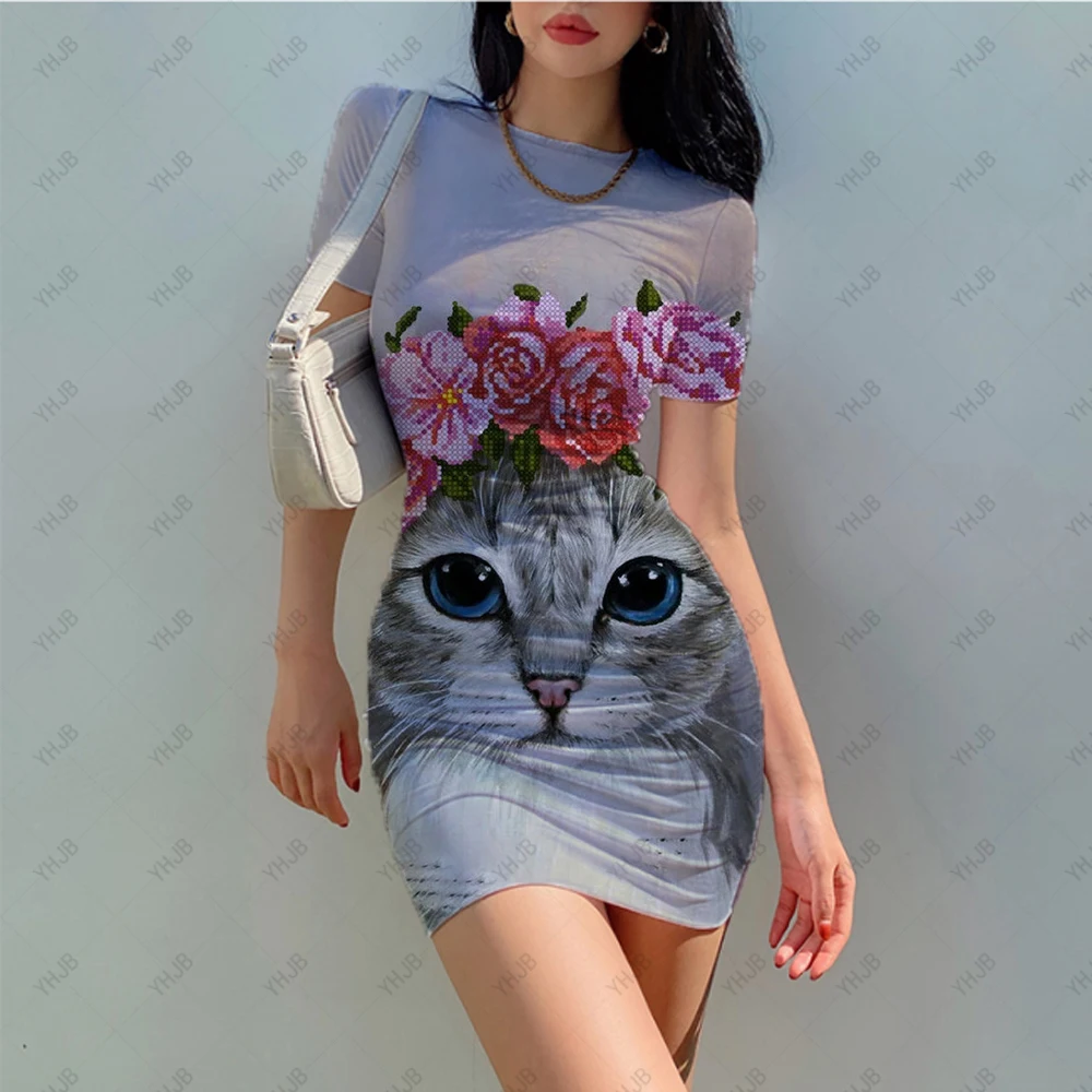 

Fashion Boho Women Floral Mini Dress vestidos ropa mujer Vintage Sexy Animal Cat Print Skinny Slim Pencil Hood Dress Chic