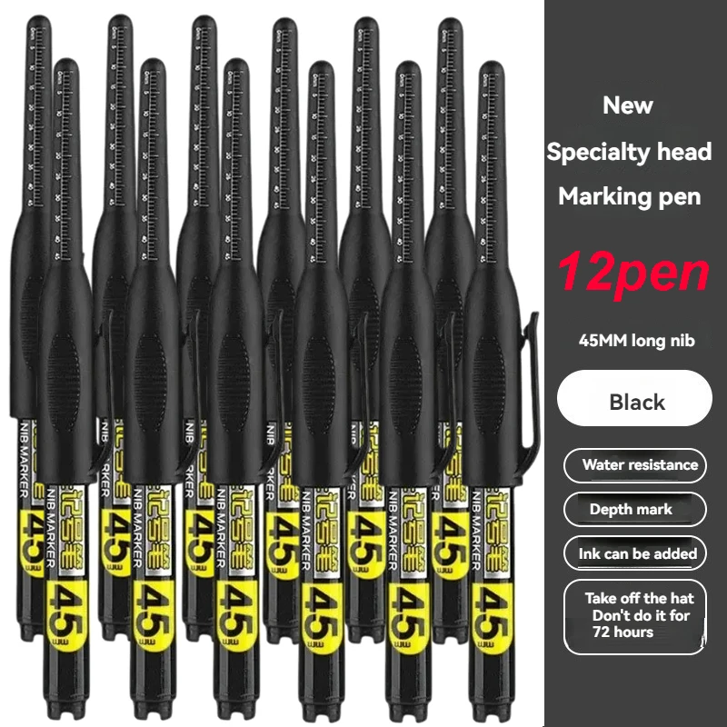12Pcs Multi-Purpose 45mm Deep Drill Hole Long Nib Waterproof Marker Pens for Bathroom Woodworking