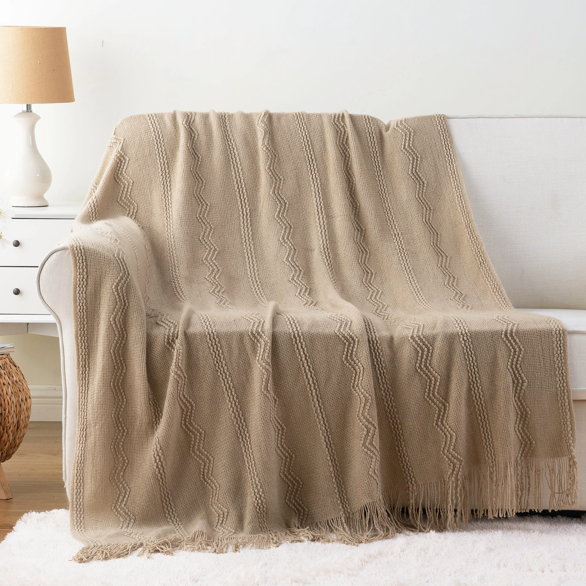 Caramel Knit Throw Blanket - Lightweight Plaid Blanket for Couch and Bed