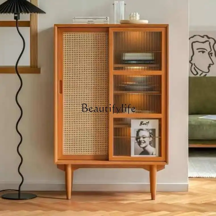 

Nordic Solid Wood Rattan Bookcase Living Room Glass Door Bookshelf