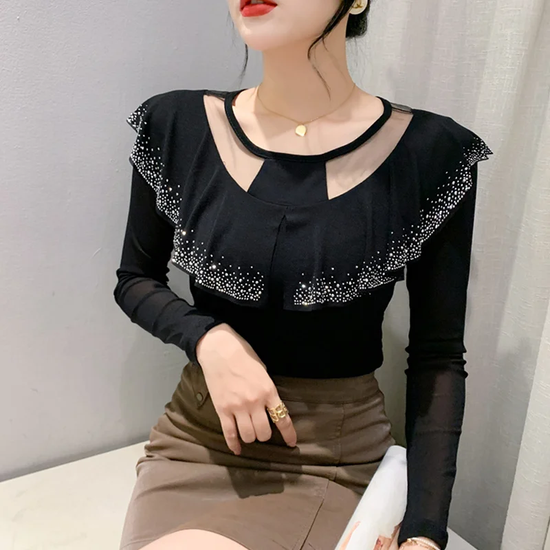 

#8570 Black Purple Blue Mesh T Shirt Women O-Neck Hollow Out Sexy Thin Tight Office Tshirt Femme Ruffles Diamonds Split Joint