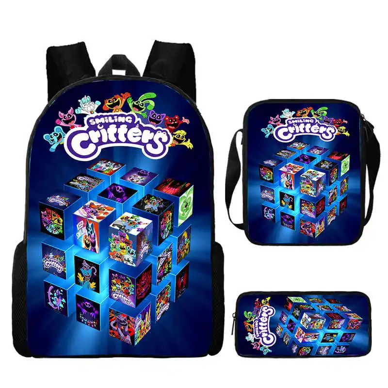 Smiling Anime Critters Backpack Cartoon School Bags for Boys Girls Unique Design Smile Critters Bags with Lunch Bags Pencil Bag