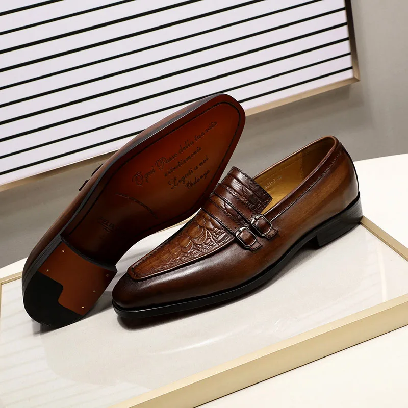 New Men's Real Leather Dress Formal shoes Crocodile Print Buckle Slip on J095 