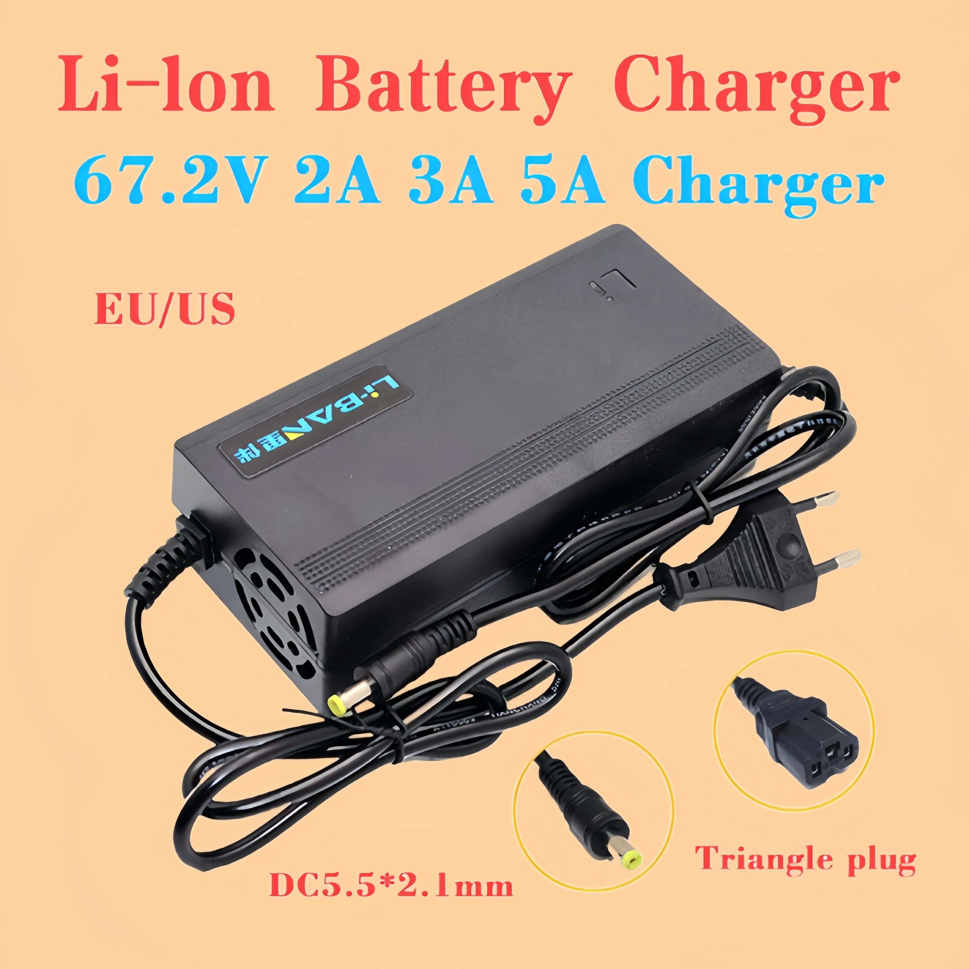 

Lithium-Batterie 67,2 V 5A 3A 2A Ladegerät ebike 16S 60V Li-Ion batterie Elektrische roller Ladegerät DC5.5 * 2,1 MM Dreieck ste