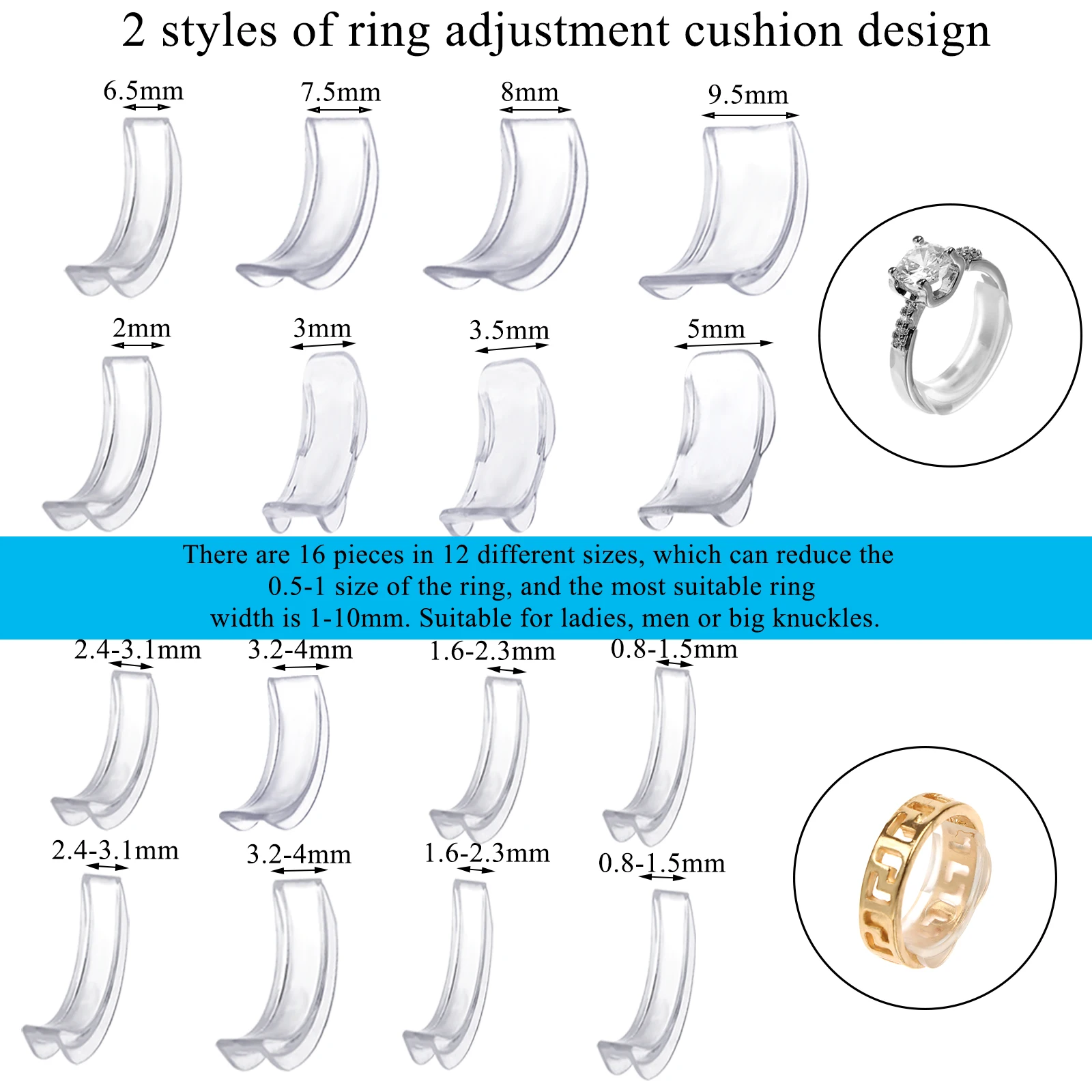 8Pcs/lot Silicone Invisible Clear Ring Size Adjuster Resizer Loose