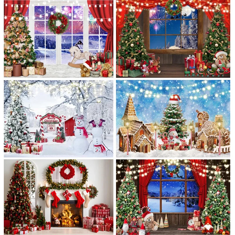 

Christmas Photography Backdrops Window Snow Pine tree House Decoration Background Winter Photo Studio Shoot Booth Props AX-02