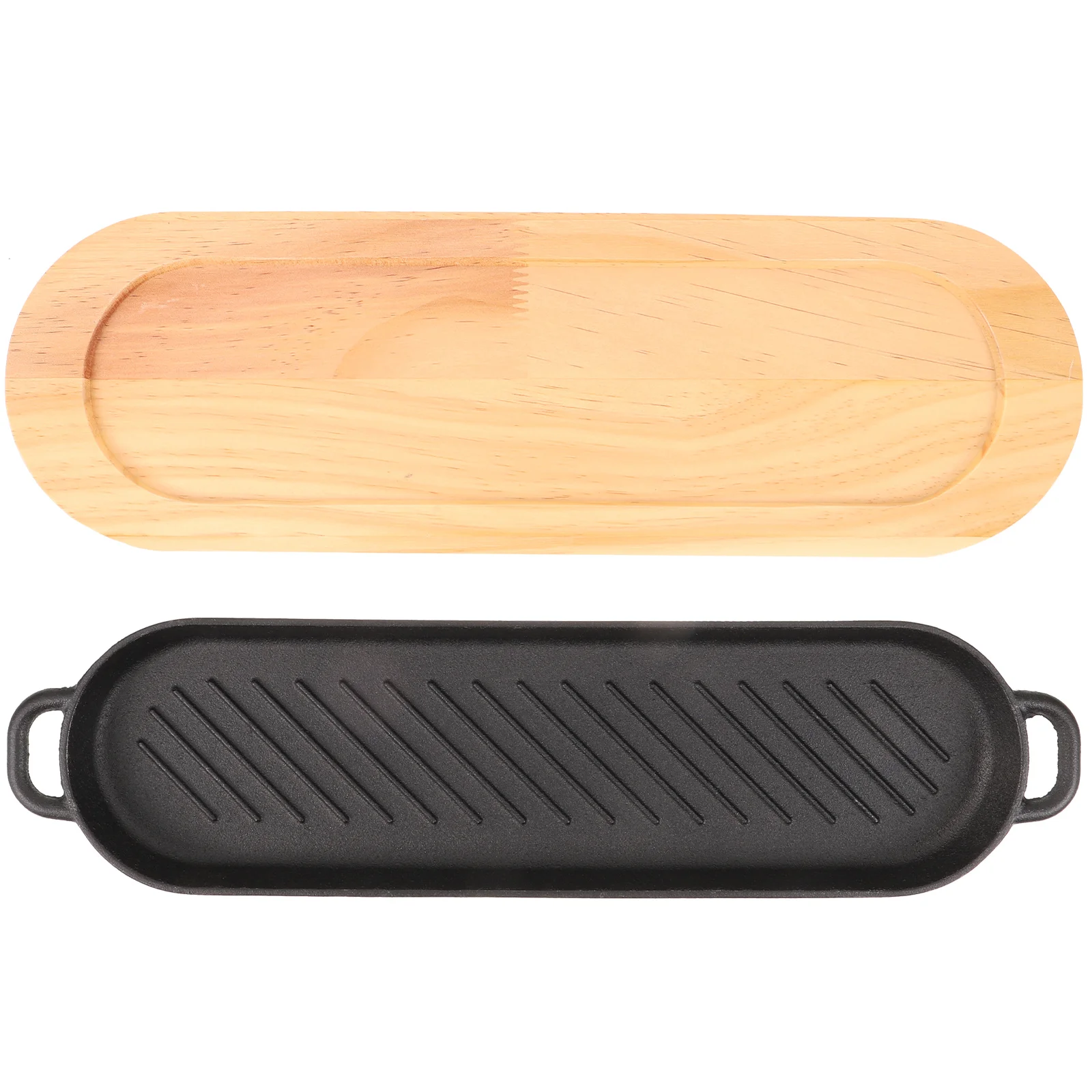 

Western Cast Iron Steak Plate BBQ Grill Plate Two Ear Plate Wooden Base Barbecue Tray Food Strip Plate Steak Plate Iron Plate