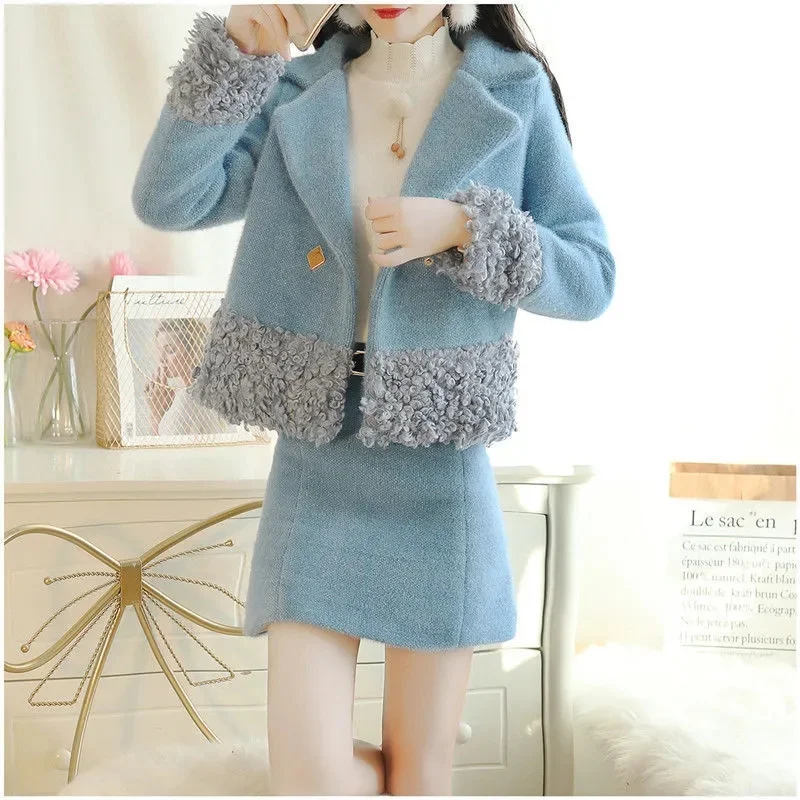 

Two Piece Imitation Lamb Wool Set For Women Autumn Winter Thickened Woolen Jacket+Fashionable Short Skirt Set Lady Skirts 2PCS