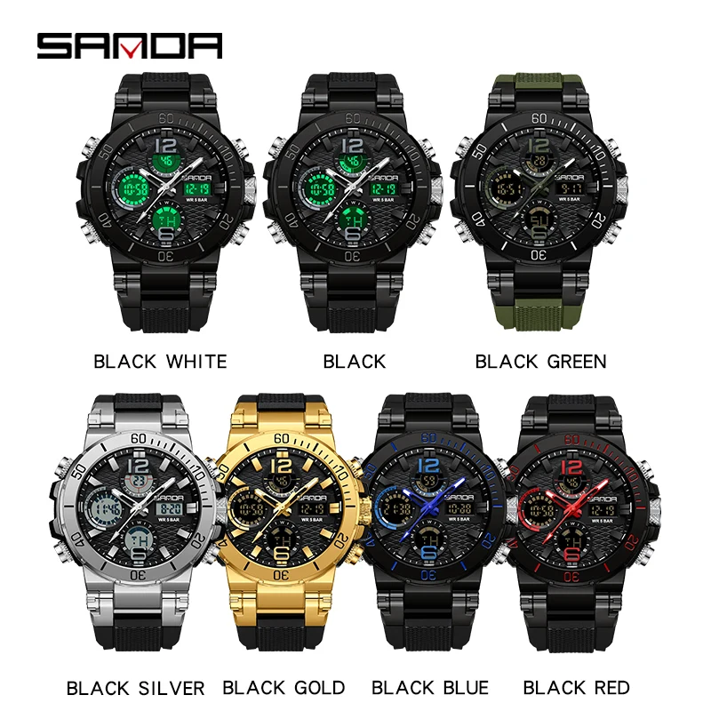 SANDA 6167 Sport Watch For Men Military Quartz Watch Waterproof Dual Display Digital Wristwatch for Men Clock Relogios Masculino