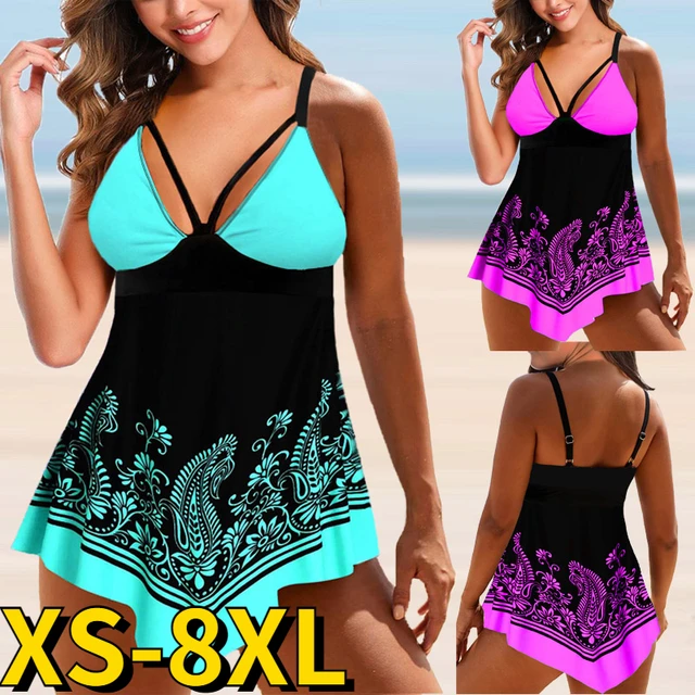 Womens Print Swimwear Top Swimdress Tankini Swimsuits Swimwear Bathing Suit  Plus Size XS-8XL