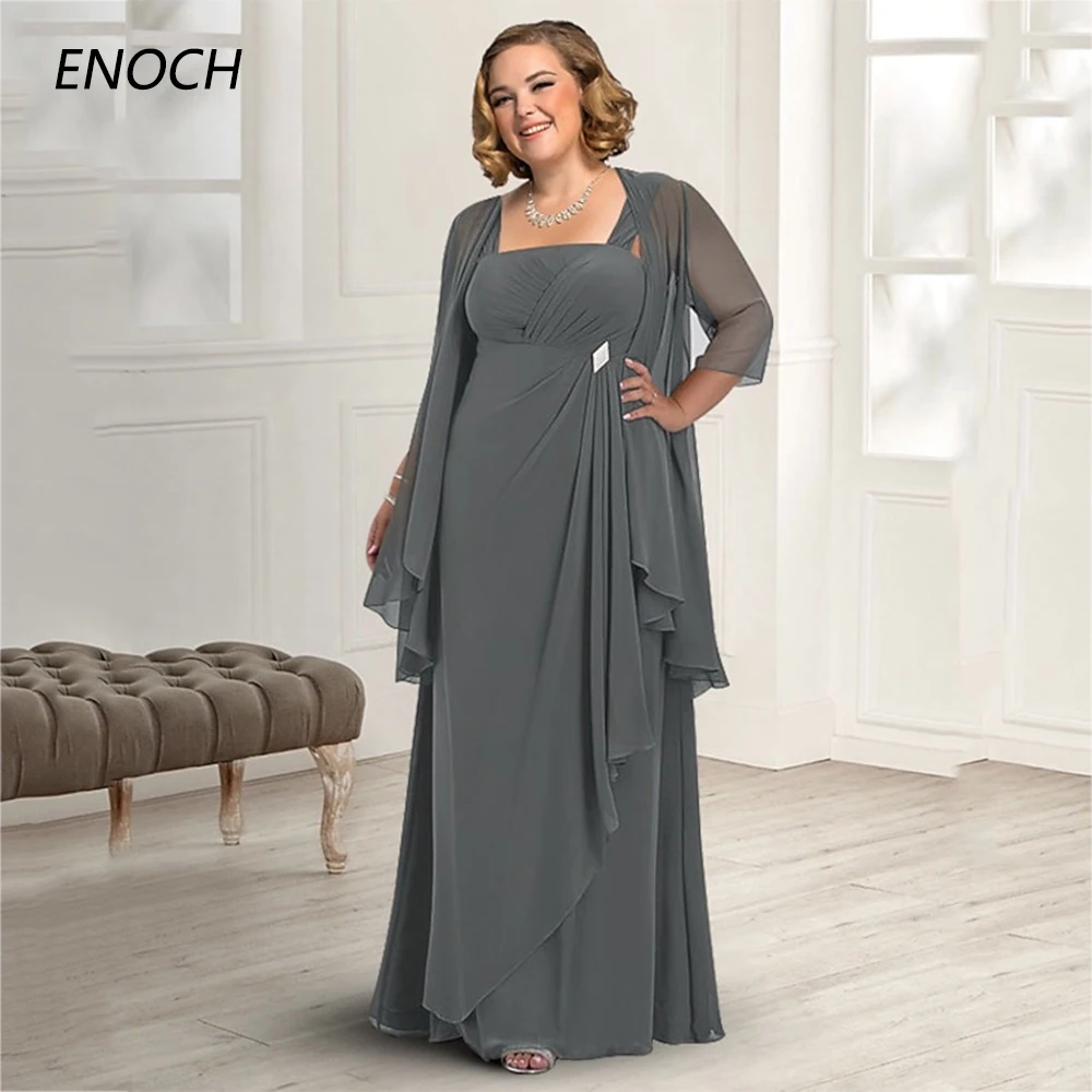 

ENOCH Elegant A-Line Mother Of the Bride Dresses Square Collar Zipper Back Pleat Chiffon Wedding Party Gown With Jacket Vestidos