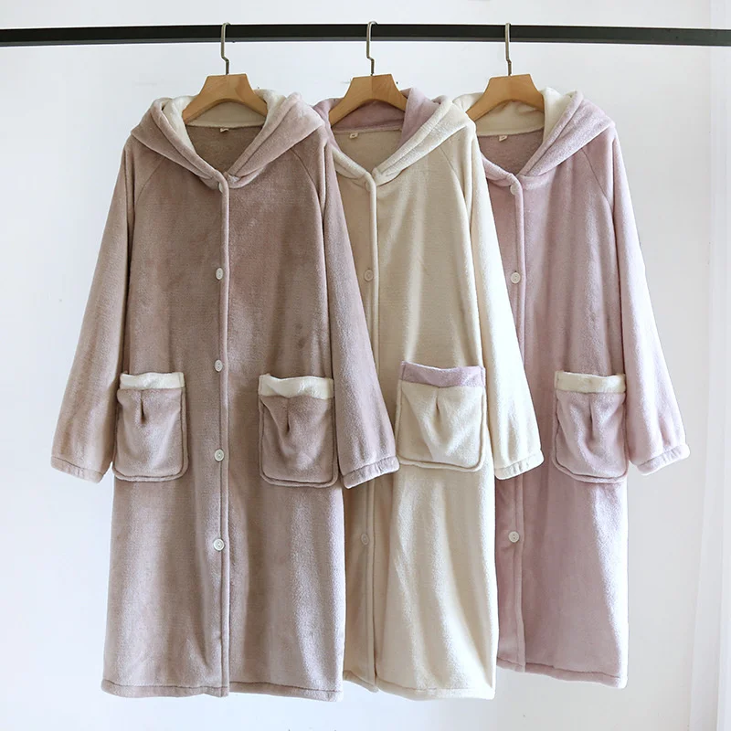 

New Autumn Winter Flannel Ladies Nightgown Thickened Longer Warm Solid Color Long-haired Home Service Pajamas