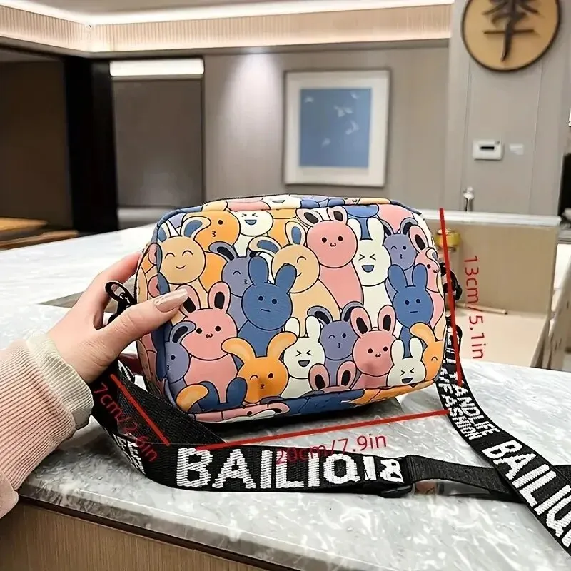 Cartoon Bunny Pattern Square Bag Trendy Zipper Shoulder Bag Kawaii Oxford Cloth Square Purse Mobile Phone Key Cross-body Bag